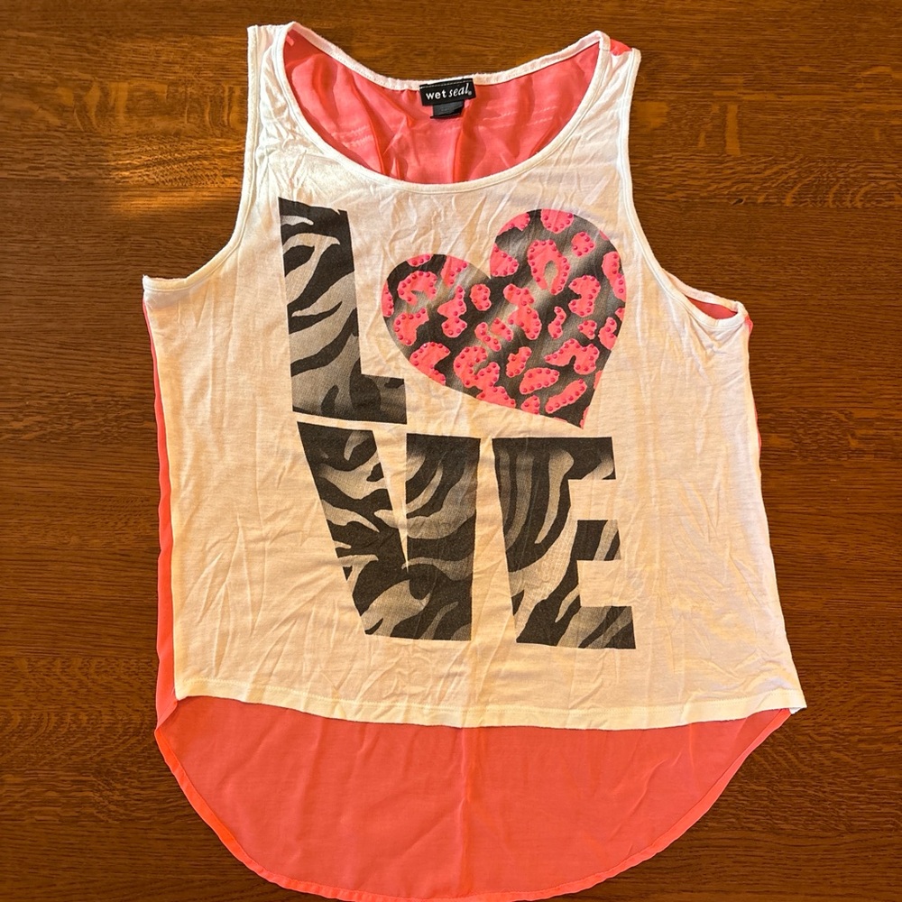 Wet Seal Coral & White Layered LOVE Heart Tank Neon Animal Print Retro